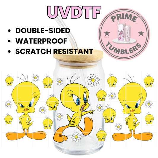 Tweety Bird Angry Mad 16oz Libbey Glass Cup Wrap UVDTF, Ready to apply decal STICKERS Warner Bros Looney Tunes yellow canary sweetie