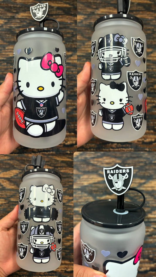 Hello Kitty pink bow RAIDERS girl 16oz frosted GLASS cup
