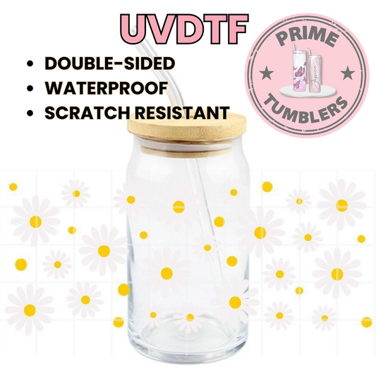 White DAISY flowers 16oz UVDTF cup wrap, ready to apply STICKERS flower yellow decal