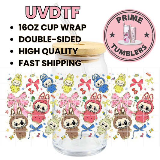 LABUBU candy and bows Kawaii 16oz UVDTF cup wrap, ready to apply STICKERS Disney