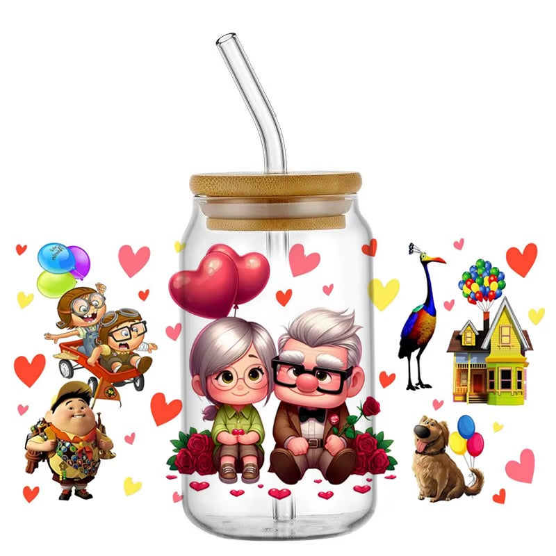 Disney-Pixar movie UP Carl, Ellie Fredricksen, Russell, Dug and Kevin 16oz Libbey Glass Cup Wrap UVDTF, Ready to apply decal STICKERS Adventure House Balloons