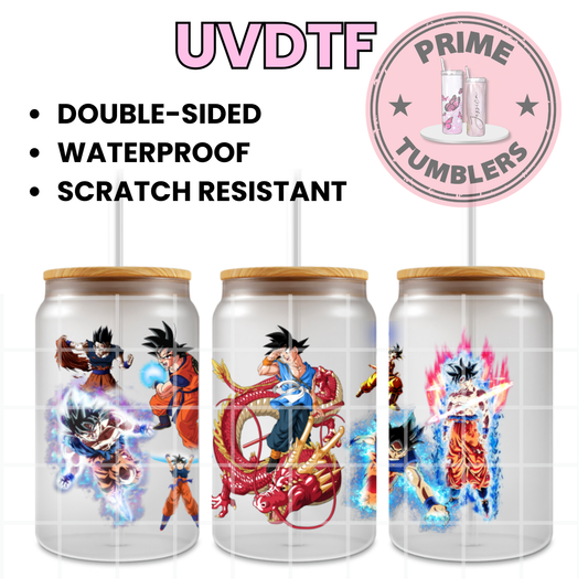 Dragon Ball Z Super series Ready-to-press UVDTF Transfers, Cup wrap decals, Tumbler prints, 16oz Libbey Glass UV STICKERS DBZ Japanese Anime and Manga series Super Saiyan, Ultra Instinct, Gozu and Red dragon Shenron
