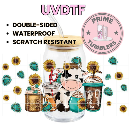 Cute Cow coffee 16oz UVDTF cup wrap, ready to apply STICKERS decal cowgirl teal Sunflower
