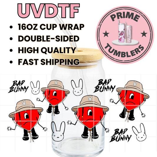 BAD BUNNY heart Singer 16oz UVDTF cup wrap, ready to apply STICKERS