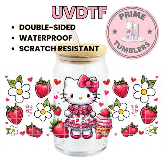 Strawberry Hello Kitty flowers 16oz UVDTF cup wrap, ready to apply STICKERS Sanrio HK strawberries