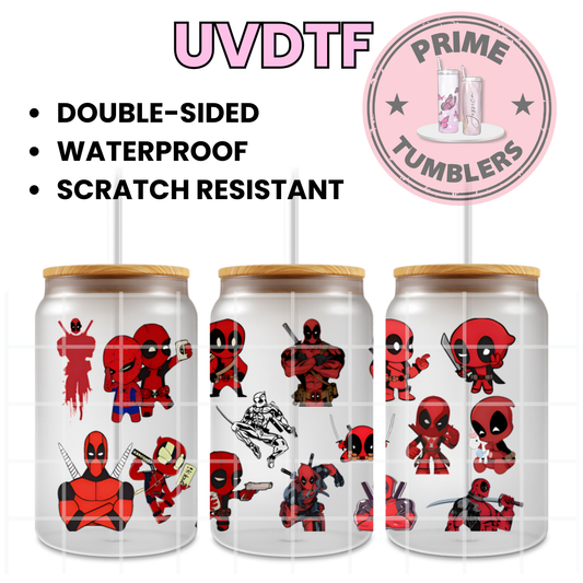 Marvel character Deadpool 16oz UVDTF cup wrap, ready to apply STICKERS red