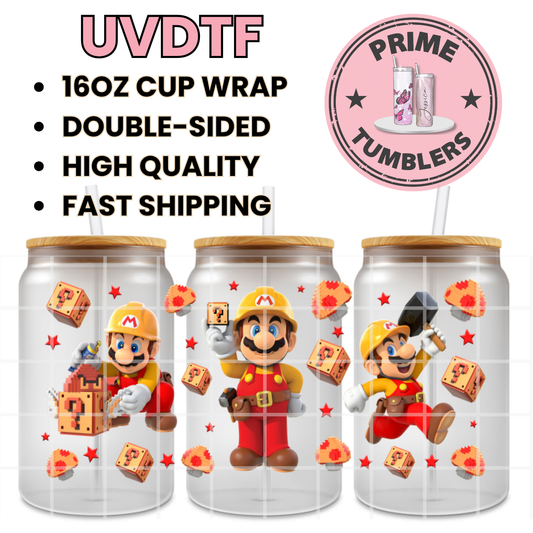 Super Mario video game builder maker, construction 16oz UVDTF cup wrap, ready to apply STICKERS