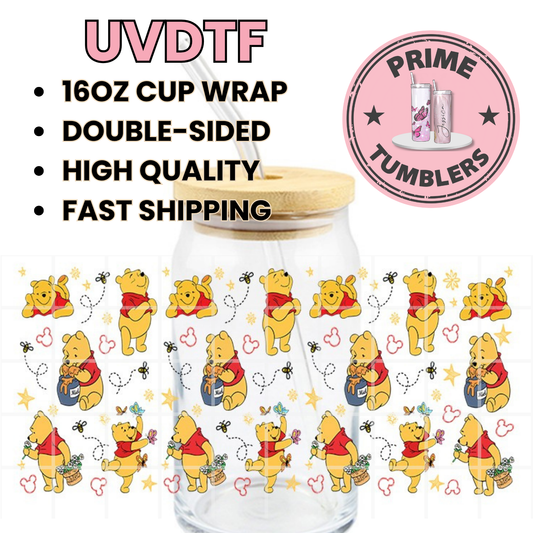 Winnie the Pooh bear 16oz UVDTF cup wrap, ready to apply STICKERS on
