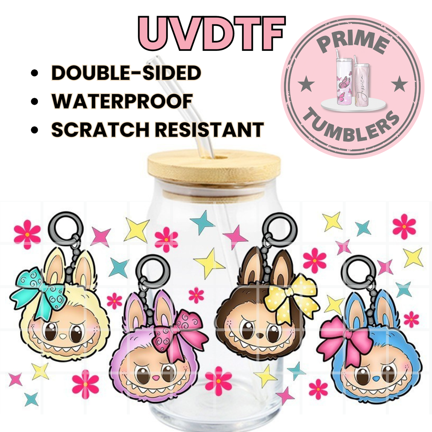 LABUBU Keychains Stars 16oz Libbey Glass Cup Wrap UVDTF, Ready to apply decal STICKERS Labubus aesthetic plush dolls The Monsters Pop Mart La’Bubu
