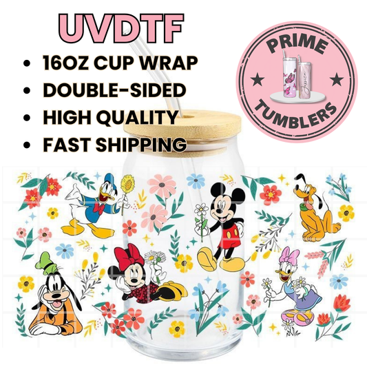DISNEY Mickey and Minnie Mouse characters floral 16oz UVDTF cup wrap, ready to apply STICKERS on