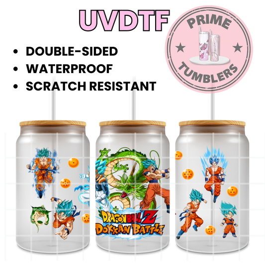 Dragon Ball Z Dokkan Battle Ready-to-press UVDTF Transfers, Cup wrap decals, Tumbler prints, 16oz Libbey Glass UV STICKERS DBZ Japanese Anime and Manga Goku Super Saiyan Blue and Dragon Shenron balls