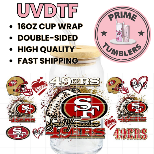 Leopard print Football 49ers Niners SF San Francisco 16oz UVDTF cup wrap, ready to apply STICKERS