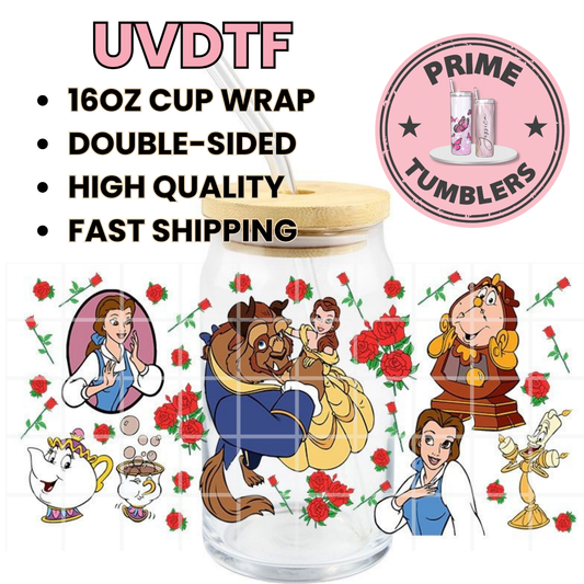 Belle Beauty and the Beast 16oz UVDTF cup wrap, ready to apply STICKERS on