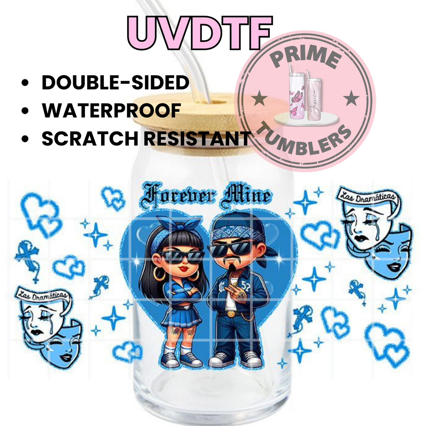 Forever Mine couple 16oz UVDTF cup wrap, ready to apply STICKERS blue