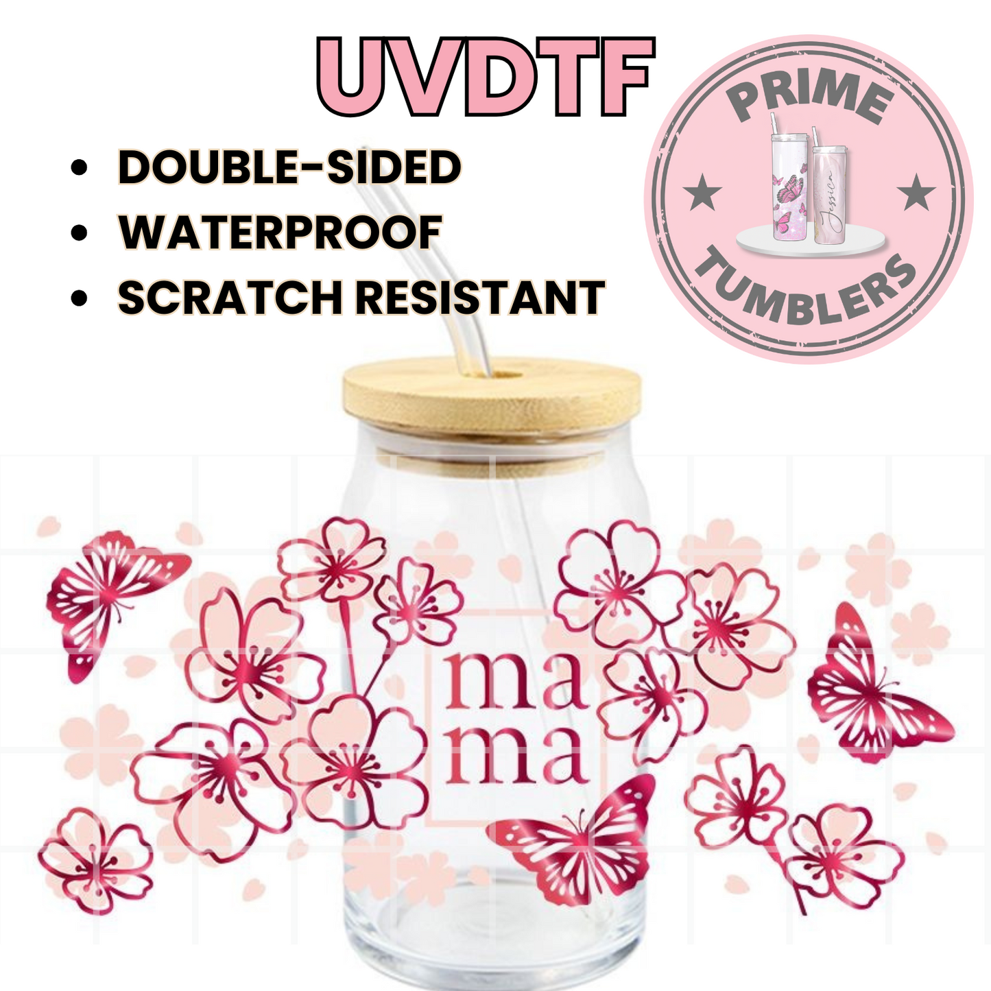 MAMA butterflies flowers 16oz UVDTF cup wrap, ready to apply STICKERS Mom butterfly
