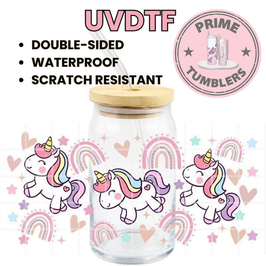 UNICORN rainbows hearts 16oz UVDTF cup wrap, ready to apply STICKERS flower decal
