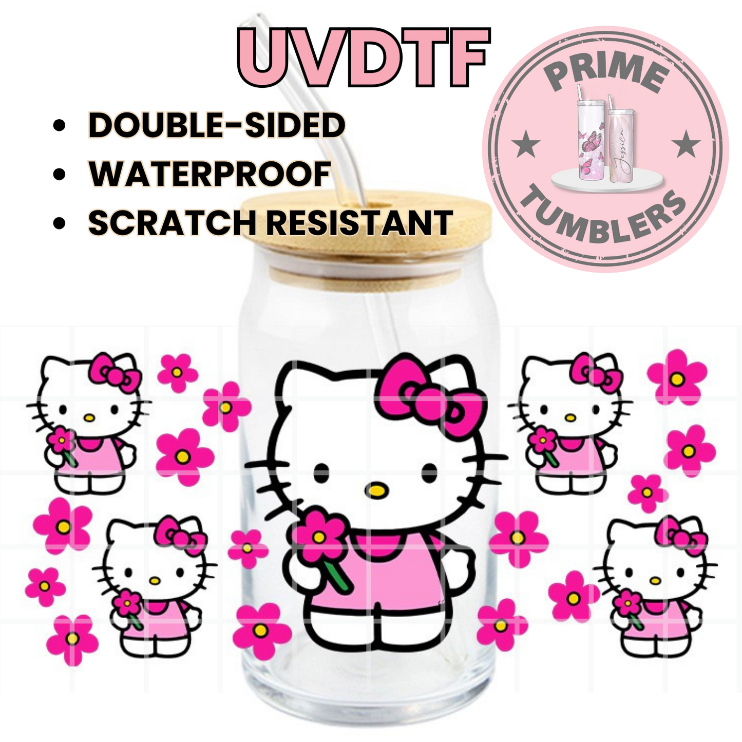 Hello KITTY pink flowers 16oz UVDTF cup decal wrap, ready to apply STICKERS Sanrio