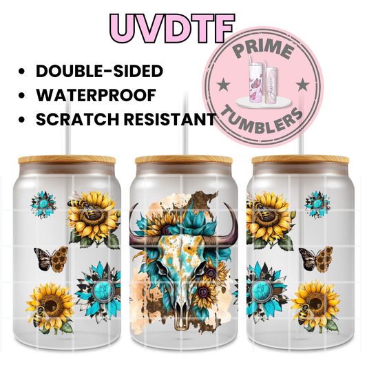 Western Skull cow 16oz UVDTF cup wrap, ready to apply STICKERS decal cowgirl teal Sunflower