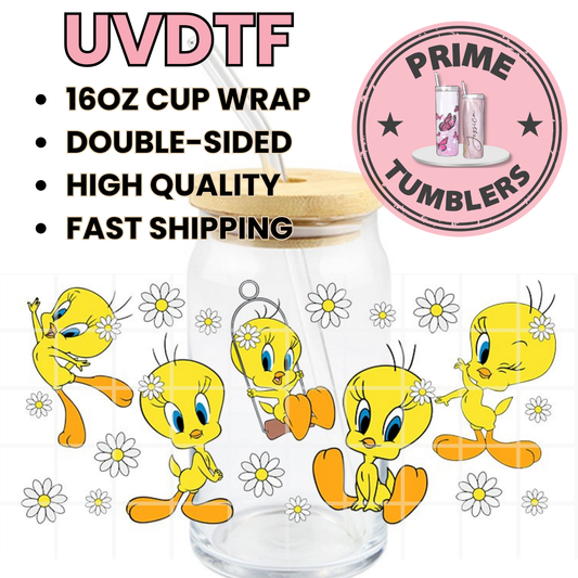Tweety Bird flowers 16oz UVDTF cup wrap, ready to apply STICKERS