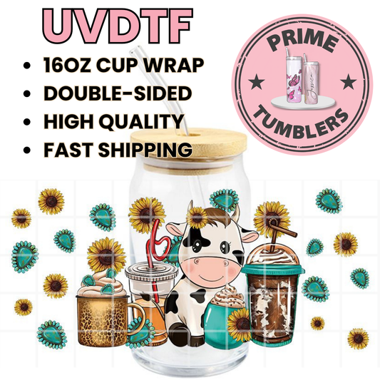 Western COW teal SUNFLOWERS 16oz UVDTF cup wrap, ready to apply STICKERS