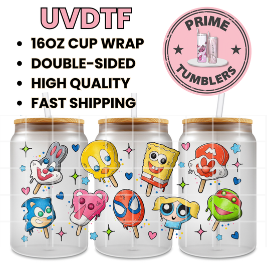 Popsicles Cartoons Tweety SpongeBob Spiderman Ninga Turtle Mario 16oz UVDTF cup wrap, ready to apply STICKERS Disney