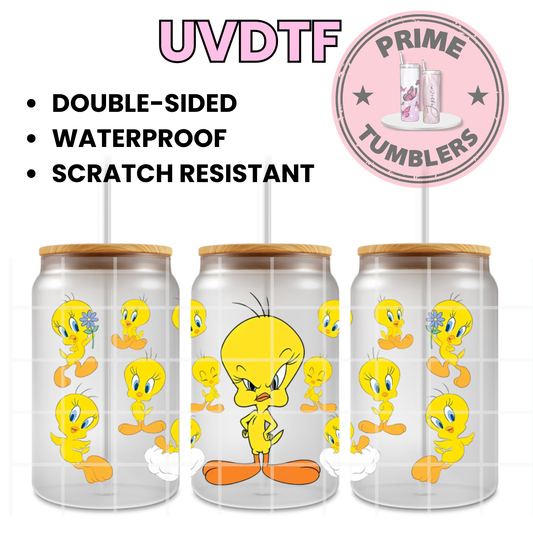 Tweety Bird Angry Mad Happy 16oz Libbey Glass Cup Wrap UVDTF, Ready to apply decal STICKERS Warner Bros Looney Tunes yellow canary sweetie cartoon