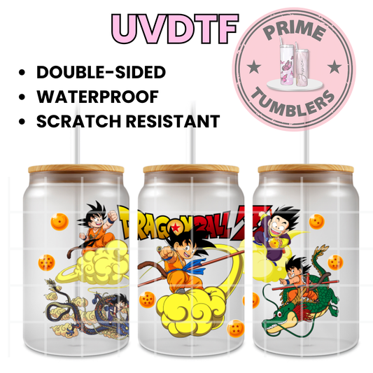Son Goku riding the Flying Nimbus cloud Ready-to-press UVDTF Transfers, Cup wrap decals, Tumbler prints, 16oz Libbey Glass UV STICKERS DBZ Japanese Anime and Manga series Dragon Shenron Dragon Ball Z