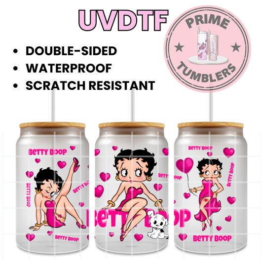 Betty Boop and Bimbo 16oz Libbey Glass Cup Wrap UVDTF, Ready to apply decal STICKERS pink hearts