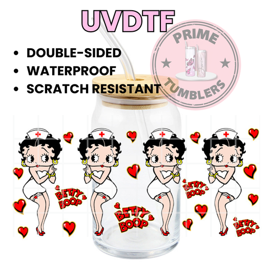 Betty Boop Nurse 16oz Libbey Glass Cup Wrap UVDTF, Ready to apply decal STICKERS Fleischer Studios