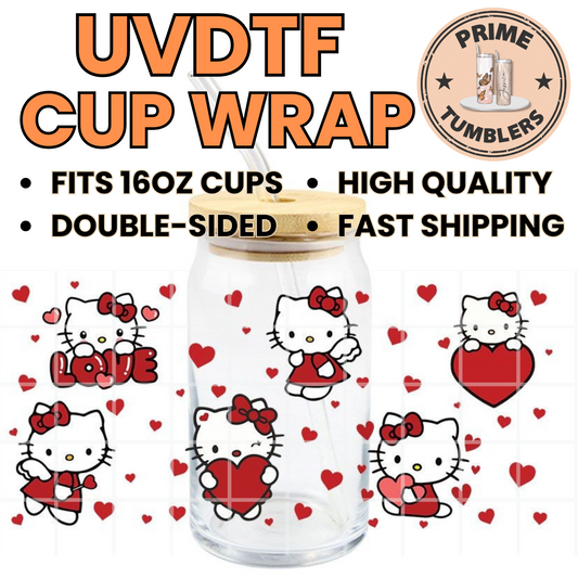 Hello Kitty Red heart 16oz UVDTF cup wrap, ready to apply STICKERS HK Sanrio love