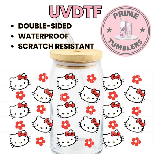Hello Kitty head red flower 16oz UVDTF cup wrap, ready to apply STICKERS decal HK Kawaii