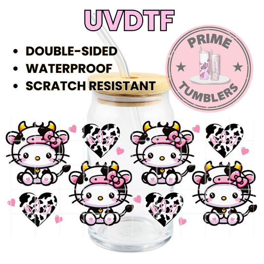 Cow Hello Kitty Moo heart 16oz UVDTF cup wrap, ready to apply STICKERS decal HK Kawaii Japanese