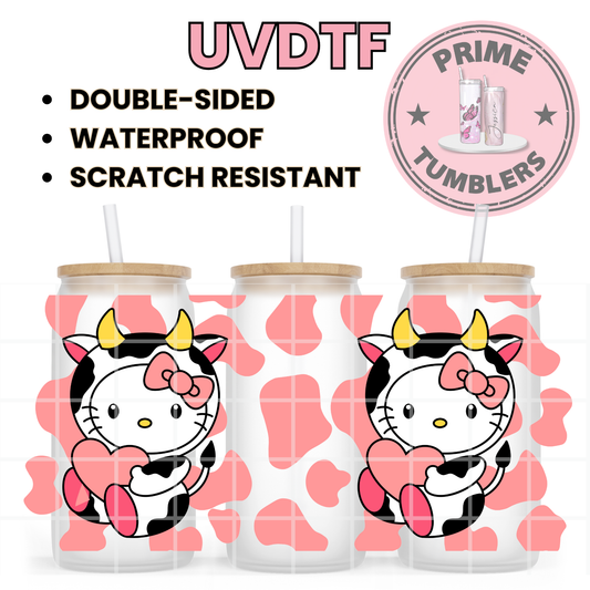 Cow Hello Kitty 16oz UVDTF cup wrap, ready to apply STICKERS decal HK Kawaii pink cow kitty print