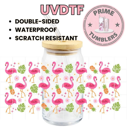Pink flamingos, pineapples, and tropical leaves 16oz UVDTF cup wrap, ready to apply STICKERS decals