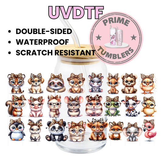 Leonard bow Baby Animals tiger, puppy, sloth, beaver, hippo, giraffe, chick, squirrel, pig, fox, mouse, hamster, frog, cow, penguin, rabbit, panda, cat, bull, fox, elephant and flamingo 16oz UVDTF cup wrap, ready to apply STICKERS decals