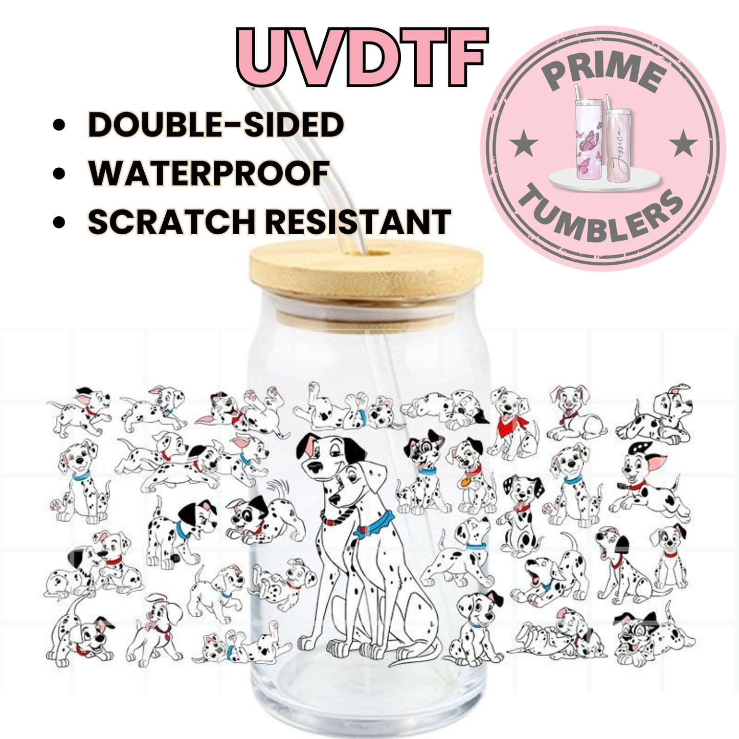 One Hundred and One Dalmatians 16oz UVDTF cup wrap, ready to apply STICKERS 101 Dogs puppies villain Cruella De Vil