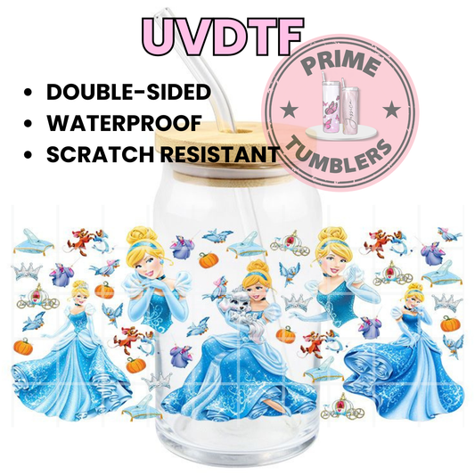 Disney princess Cinderella 16oz glass can UVDTF cup wrap, ready to apply STICKERS pumpkin carriage