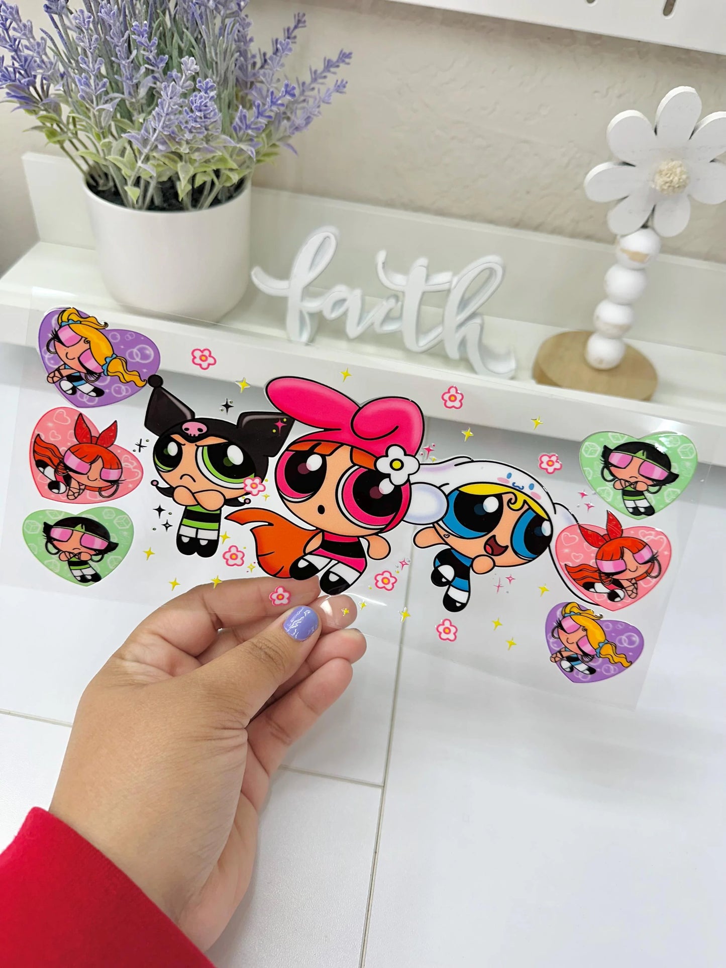 The Powerpuff Girls 16oz Libbey Glass Cup Wrap UVDTF, Ready to apply decal STICKERS Sanrio Kawaii Blossom My Melody, Bubbles Cinnamoroll, and Buttercup Kuromi